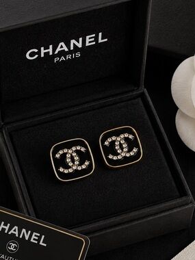 Black Enamel & Gold CC Crystal Square Stud Earrings